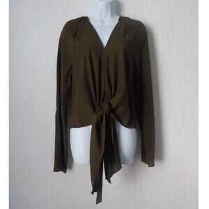 Jordan Louis Green Blouse Top Tie Front Hook Eye Long open Sleeves Fits S/M